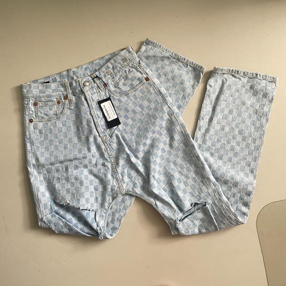 R 13 Denim High Waisted Straight Leg Distressed Jeans Light Blue 24 - Picture 2 of 9